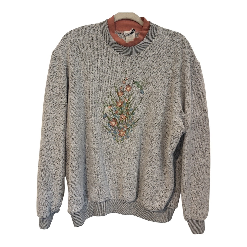 Vintage Womens L Hummingbird Floral Embroidered Sweatshirt Grandma Cottagecore